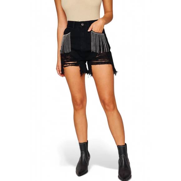 NEW BUDDYLOVE elvis crystal fringe denim shorts in black - Picture 1 of 4